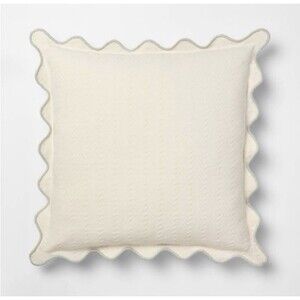 Threshold Square Herringbone Pillow Cream Green Scalloped Edge NEW
